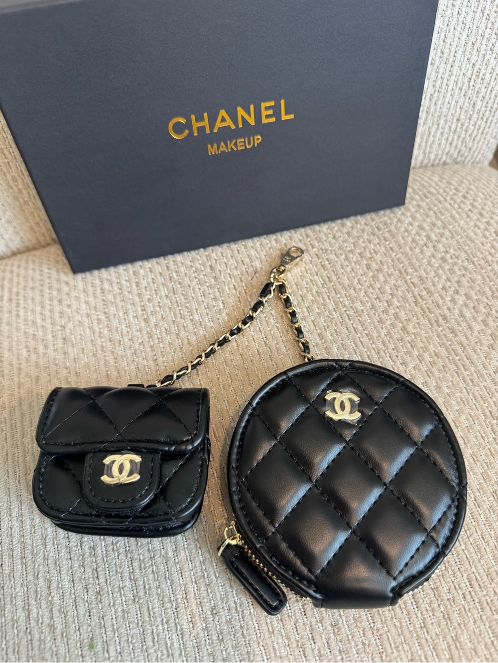 Source Unknown Chanel Makeup Black Quilted Leather Coin Pouch & Mini Charm Set